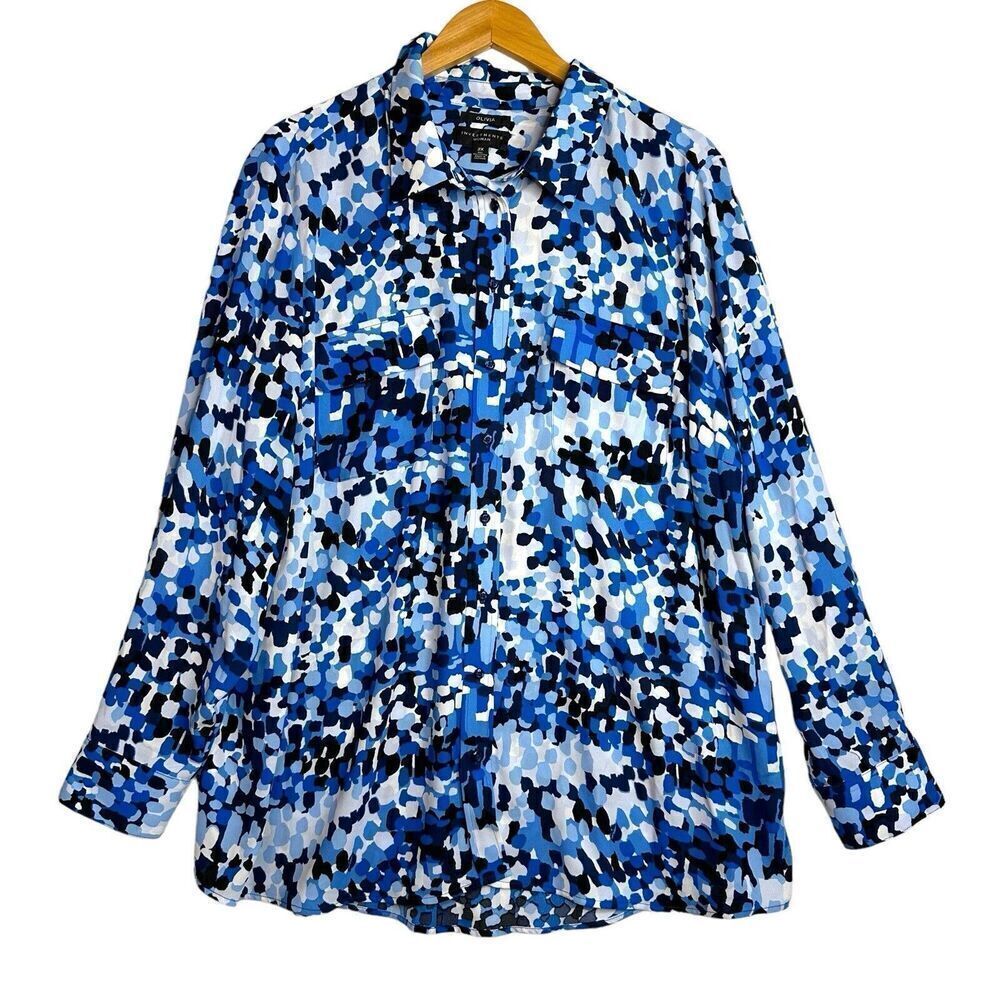 INVESTMENTS OLIVIA Blue Confetti Dot Roll Tab SLV Easy Care Tunic Blouse Plus 2X